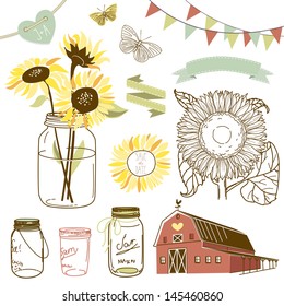 Glass Jars, sunflowers, ribbons, bunting, butterflies and cute rustic barn. Ideal for wedding invitations and Save the Date invitations