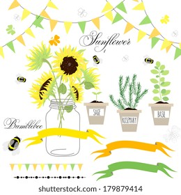 Glass Jars, sunflowers, ribbons, bunting . Ideal for wedding invitations and Save the Date invitations