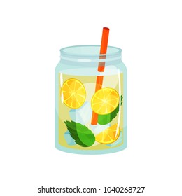 Glass jars of sweet detox cocktail. Delicious refreshing drink with lemons slices, green mint leaves, ice cubes and red straw. Flat vector design for menu or promo poster
