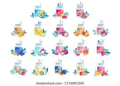 Glass jars with sweet drinks of different flavors. Refreshing summer juice with slices of fruits and cubes of ice. Organic and healthy smoothie. Flat vector icons for vegan cafe menu