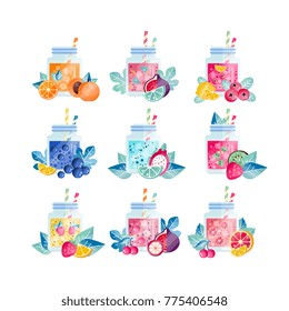 Glass jars with sweet drinks of different flavors. Refreshing summer juice with slices of fruits and cubes of ice. Organic and healthy smoothie. Flat vector icons for vegan cafe menu