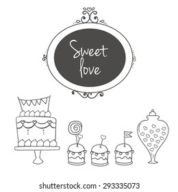Glass jars with sweets, pictures in frames, cake. Ideal for wedding invitations and save the date invitations and party