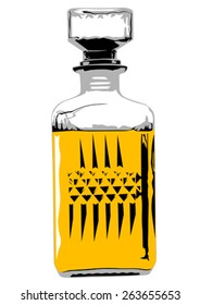 Glass jars with whiskey and ice on white background