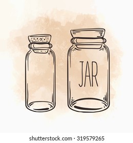 Glass Jars.Vector illustration isolated on vintage beige background.Ink on aged card paper. Vector illustration. Kitchen objects doodle style sketch, Magical elements. Alchemy and vintage. 