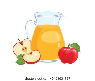 Glass jug of apple juice Isolated on white background. Vector cartoon illustration of  fresh fruit drink.