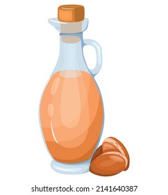 Glass jug with argan oil. The concept of a healthy lifestyle and healthy eating. Organic products. Stock vector isolated illustration on a white background.