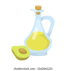 Glass jug with avocado oil. Bottle of vegetable oils cartoon illustration isolated on white background