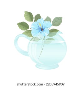 A Glass Jug With A Blue Hibiscus Flower And Leaves. Vector.