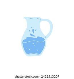 Glaskrug mit sauberem Wasser mit Spritzen. Vektorflache Illustration von Pitcher mit reinem Wasser. Natürliches Wasser in Glas auf weißem Hintergrund. Mineralische Getränke für Getränke