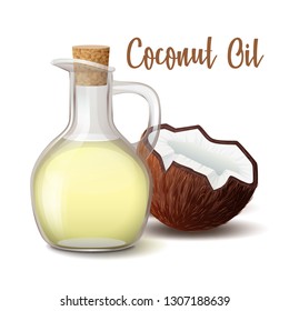 glass jug with coconut oil closed wooden stopper with coconut vector illustration isolated on white background