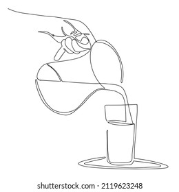 Glass jug and drinking glass with milk or water. Hand-drawn illustration. Line art. 