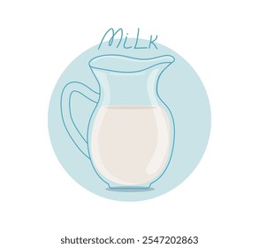 Glass jug with fresh milk. Natural milk, healthy drink. Healthy lifestyle. Dairy product. Vector illustration.