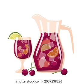 A glass with a jug of fruit alcoholic drink with ice, lime and cherry. Sangria is a traditional Spanish drink. Vector illustration isolated on a white background