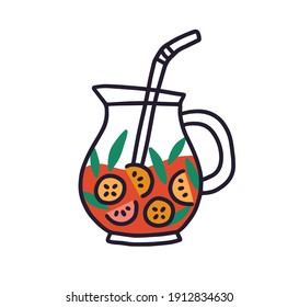 Glass jug with fruit lemonade. Red drink with mint leaves in pitcher with straw. Colored flat vector illustration of fresh cocktail in jar isolated on white background