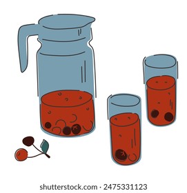 Glass jug and glasses with fruit drink. Freshly squeezed cherry juice. Thirst quenching. Contrasting color scheme.