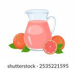 Glass jug of Grapefruit juice Isolated on white background. Vector cartoon illustration of fresh healthy fruit drink