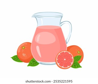 Garrafa de vidro de suco de toranja Isolado sobre fundo branco. Ilustração em desenho animado vetorial de uma bebida de fruta fresca e saudável