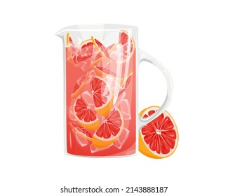 Glass jug with grapefruit juice with slices of ripe and juicy grapefruit.Refreshing juice with ice.Vector illustration for web advertising, cafes, banners, websites.