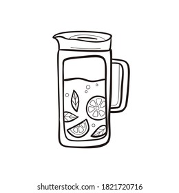 Glass jug with homemade lemon water. A healthy drink. Linear doodle style. Weight loss and nutrition concept. All elements are isolated on a white background. Vector. For print and web.