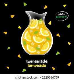 Glass jug with lemon slices and ice cubes on a black background. The concept of advertising, cold drinks, homemade lemonades and natural juices 