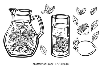 Glass jug with lemonade, sketch of homemade lemonade, summer  illustration. Hand drawn lemon, lemon slice, straw. The inscription on the lemonade.