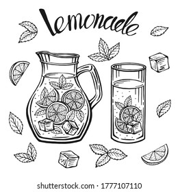 Glass jug with lemonade, sketch of homemade lemonade, summer  illustration. Hand drawn lemon, lemon slice, straw. The inscription on the lemonade.