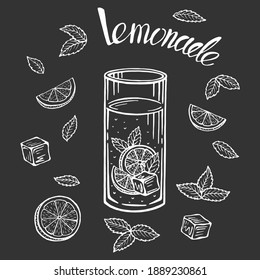 Glass jug with lemonade, sketch of homemade lemonade, summer illustration. Hand drawn lemon, lemon slice, straw. The inscription on the lemonade.