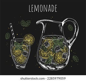 Glass jug with lemonade, sketch of homemade lemonade, summer  illustration. Hand drawn lemon, lemon slice, straw. The inscription on the lemonade.