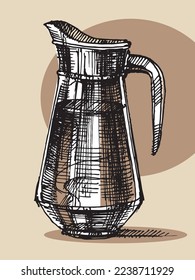 Glass jug line drawing. Sketch of a water jug. Cookware. Graphic pot