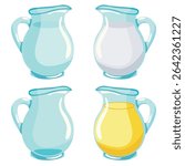 Glass jug for liquid vector drawing. The jug is empty, a jug with water, juice and milk. A set of four objects on a white background.