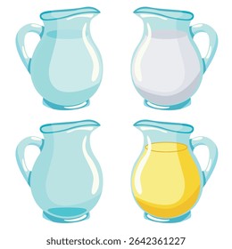 Glass jug for liquid vector drawing. The jug is empty, a jug with water, juice and milk. A set of four objects on a white background.