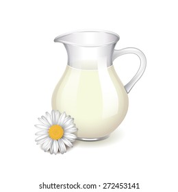 Glass jug with milk, chamomile flower isolated photo-realistic vector illustration