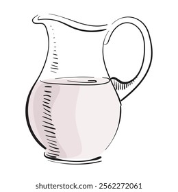 Glass jug with milk. Farm organic product. Milk and dairy product storage container. Engraving style. Hand drawn vector isolated illustration. For rustic natural product design.