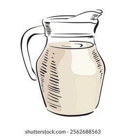 Glass jug with milk. Farm organic product. Milk and dairy product storage container. Engraving style. Hand drawn vector isolated illustration. For rustic natural product design.