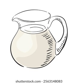 Glass jug with milk. Farm organic product. Milk and dairy product storage container. Engraving style. Hand drawn vector isolated illustration. For rustic natural product design.