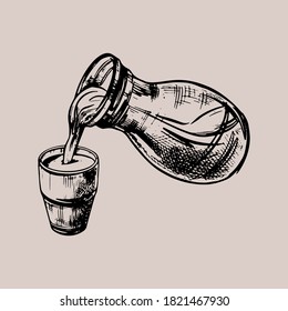 Glass and jug of milk hand drawn illustration and lettering in graphic style. Isolated vector on gray background. Poster design drink milk