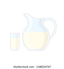 Glass and jug with milk vector illustration isolated on white background.