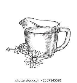 glass jug with milk. Vector illustration in sketch style. farm products, vintage