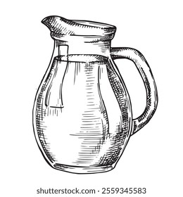 glass jug with milk. Vector illustration in sketch style. farm products, vintage