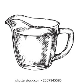 glass jug with milk. Vector illustration in sketch style. farm products, vintage