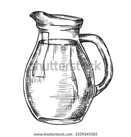 glass jug with milk. Vector illustration in sketch style. farm products, vintage