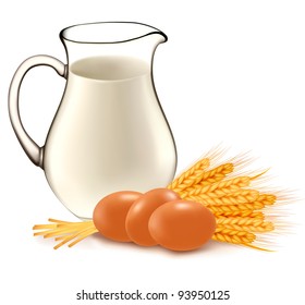 Glass jug with milk, wheat seeds and eggs. Vector illustration.