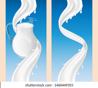 Glass jug and Milk or yogurt white swirl and on blue background, three dimentional milky vortex splashing realistic. Set of labels for milk and dairy. For various design needs. Vector illustration