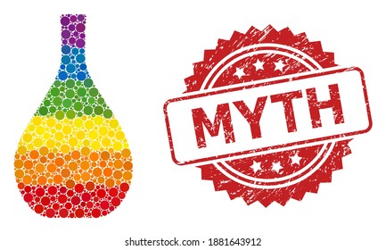 Glass jug mosaic icon of spheric items in various sizes and spectrum color hues, and Myth unclean rosette stamp seal. A dotted LGBT-colored Glass jug for lesbians, gays, transgenders,