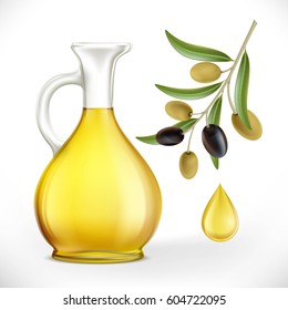 Glass jug with oil and olives with leaves on a branch. Stock vector illustration.