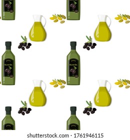 Glass jug with olive oil with black olives background. Seamless food pattern.