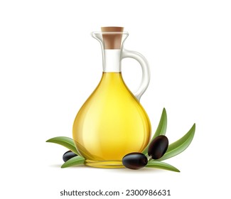 Glass jug with olive oil next to olives. Isolated on white background. Vector illustration