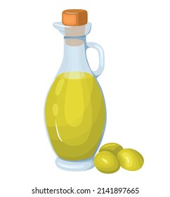 Glass jug with olive oil and olives. The concept of organic vegan products. Stock vector illustration isolated on white background.