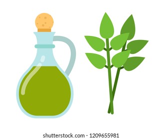 Glass jug with olive oil and two sprigs of bay leaf flat single icon vector isolated on white