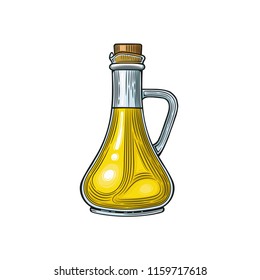 Glass jug with olive oil. Vector illustration. Vintage style. Templates for design shops, restaurants, markets.